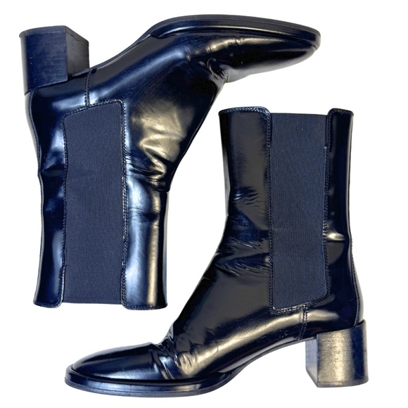Massimo Dutti Black Patent Leather Chelsea Boots Size 39 (8 US) Block Heel - Picture 1 of 9
